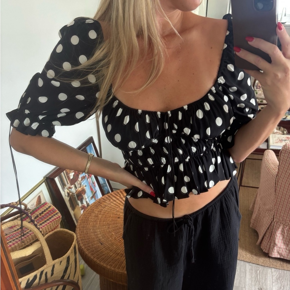 For Love & Lemons Black and White Polka Dot Puff Sleeve Crop Top